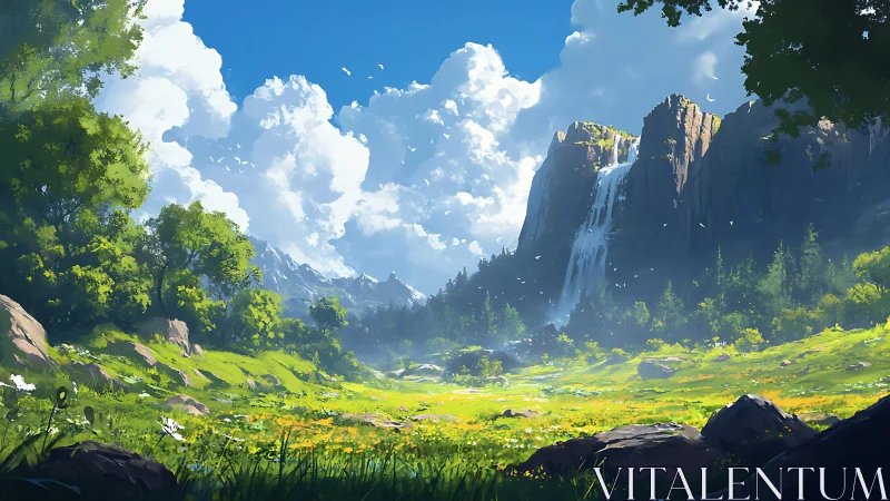 Sunlit alpine meadow opens beneath towering waterfall cliffs.