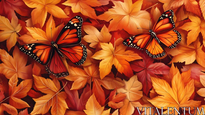 Monarch duet drifting over a quilt of autumn embers.