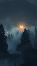 Mystical Forest Under Golden Moons and Starlit Night Sky