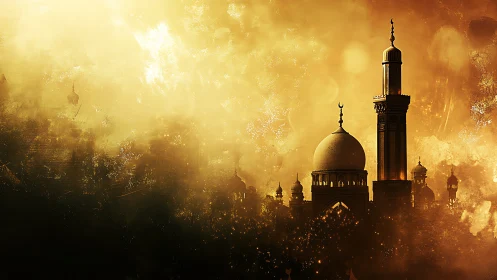 Golden dusk swallows a dreamlike mosque in shimmering haze