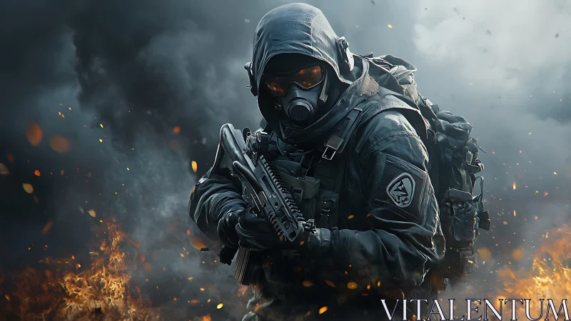 Smoky battlefield frames a focused tactical soldier in motion