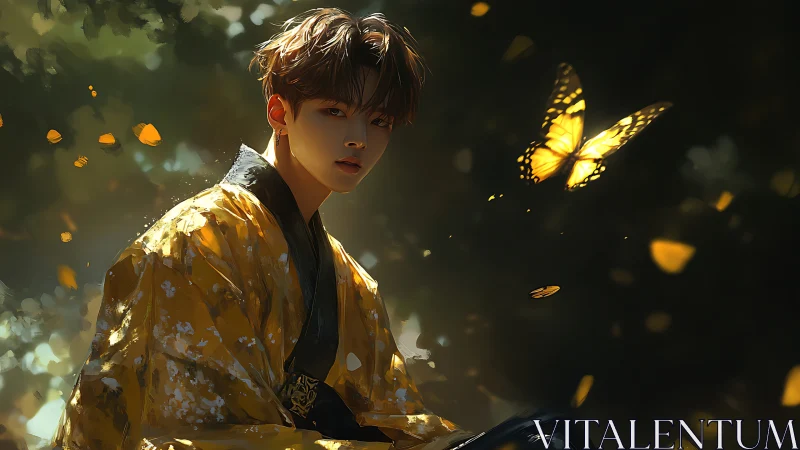 Golden-robed dreamer sharing a quiet moment with butterflies.