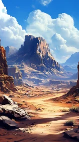 Sunlit canyon highway under cathedral clouds of the desert.