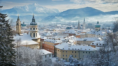 Snow-dusted alpine cityscape with church domes at dawn.