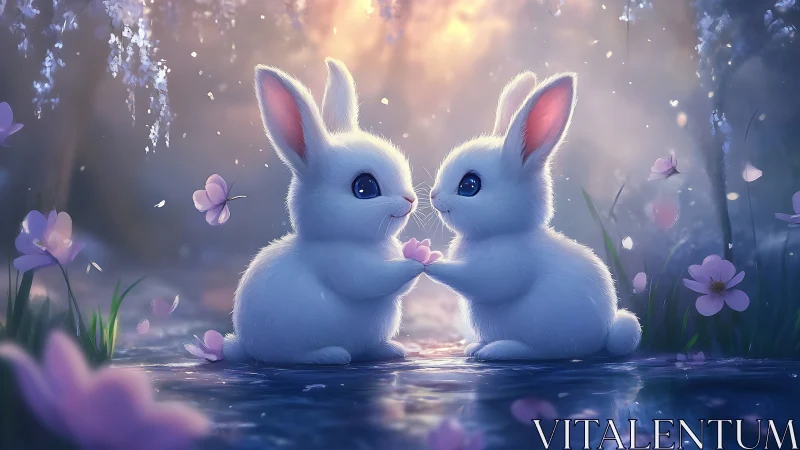 Two white rabbits sit facing each other in a glowing meadow