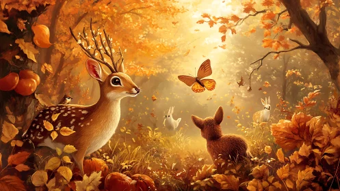 Gentle autumn deer and woodland friends in golden light.