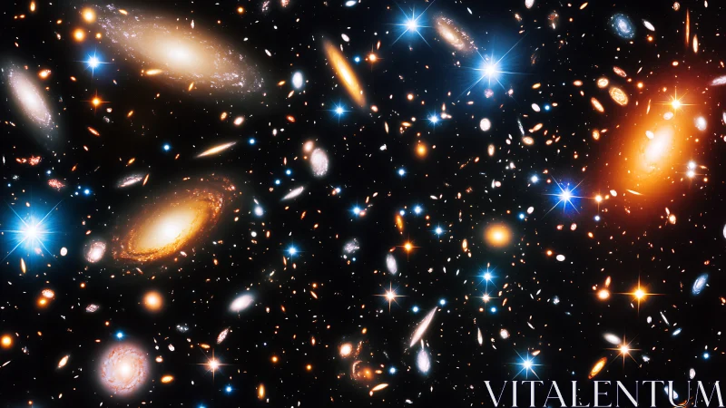 Dense galaxy cluster field with bright colorful stars.