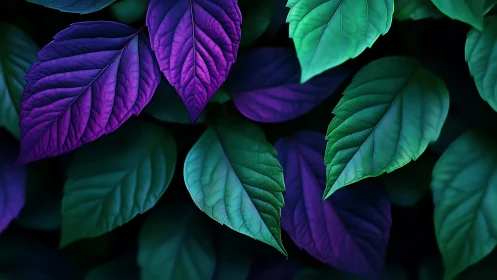 Bioluminescent duotone foliage with cyan and magenta leaf veins