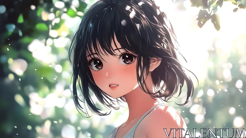 Sunlit anime portrait with soft bokeh forest background.