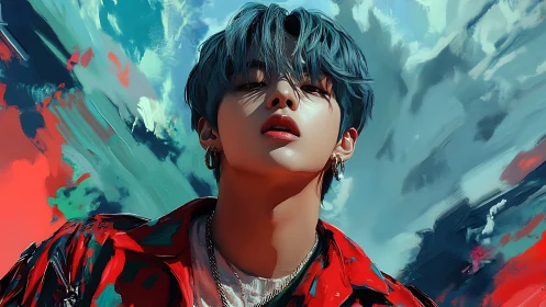 Cool blue haired rebel framed by bold painted skies.