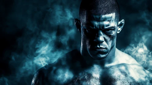 High-contrast blue portrait of bruised muscular fighter in smoke