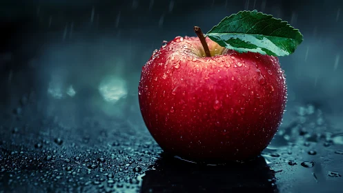 Red apple with water droplets on dark reflective surface.
