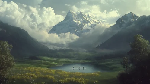 Snowcrowned giant watches riders cross a mirror lake.