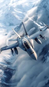 Fighter jet slices through icy mountain cloud corridors.
