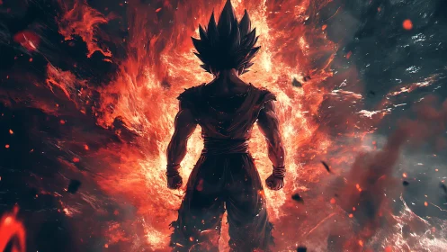 Backlit anime warrior stands engulfed in explosive flame aura