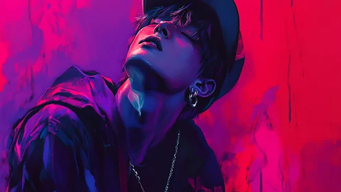 Digital portrait shows side-lit figure in saturated neon colors