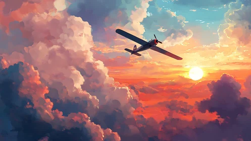 Single propeller plane crosses dense clouds at sunset sky