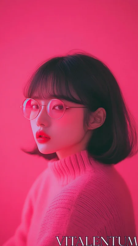 Soft neon portrait of a girl glows in vivid pink light