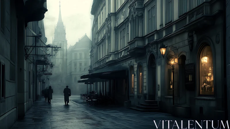 Fog-laden European street with glowing caf&eacute; interiors at dusk.