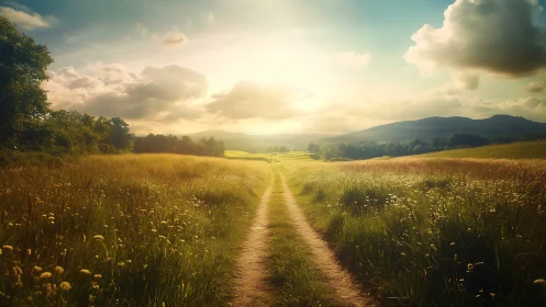 Sunlit country path drifting into soft painted horizons.