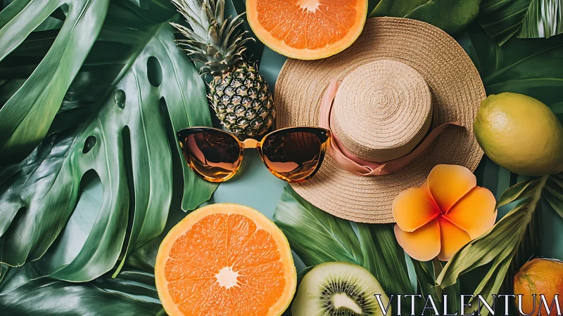Sunny tropical flatlay with fruit, straw hat, and sunglasses.