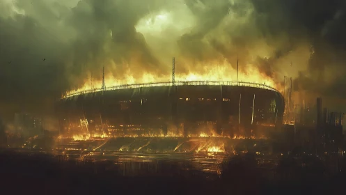 Large enclosed stadium structure burns amid dense smoke