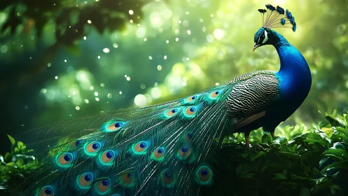 Vibrant peacock in lush green forest, glowing morning light, realistic.