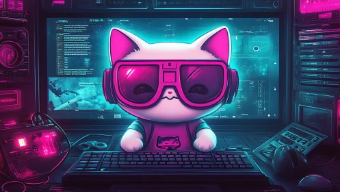 Cybernetic neon workstation with augmented reality hacker cat.
