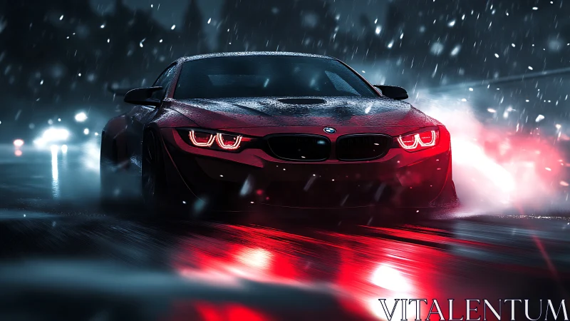 Red sports car drifts through neon-lit stormy night street.