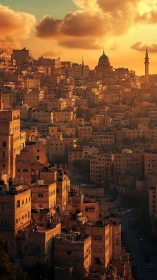 Photorealistic terraced cityscape in golden hour light.