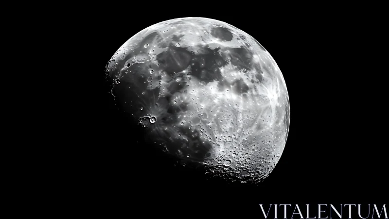 Detailed lunar close-up shows rugged craters in stark contrast.