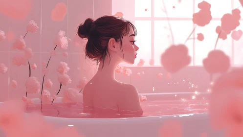Girl in pink bath surrounded by soft floating blossoms