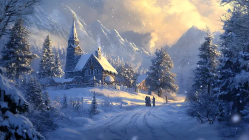 Snowy mountain church and cottages in soft winter light.