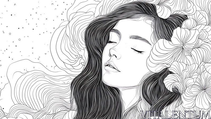Line art portrait of serene woman with flowing floral hair.
