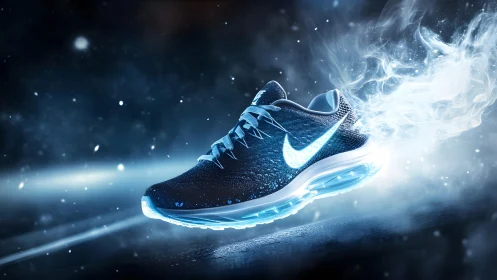 Futuristic running shoe with glowing sole in dynamic digital style.