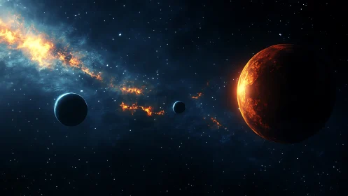 Burning planet with aligned worlds in deep cosmic void.
