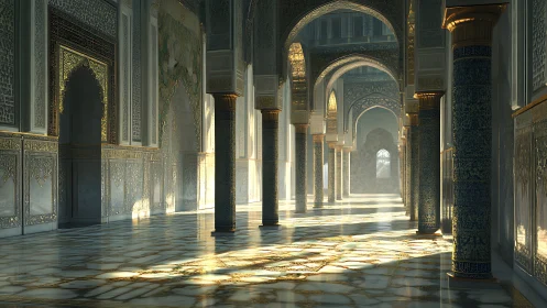 Intricate sunlit hall with arches and patterned columns.