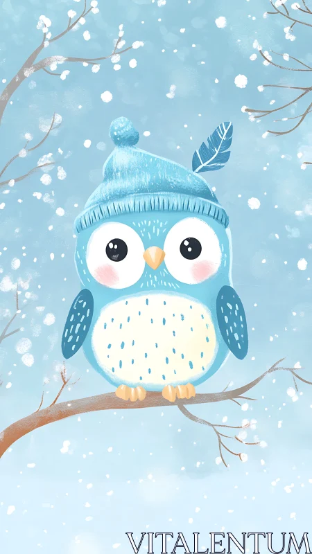 Cozy blue winter owl perched happily in soft falling snow.