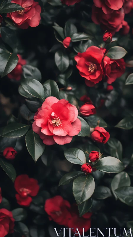 Red Camellia Flowers Blooming Among Dark Green Foliage