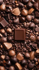 Assorted chocolate confections and cocoa fragments arranged in flat composition