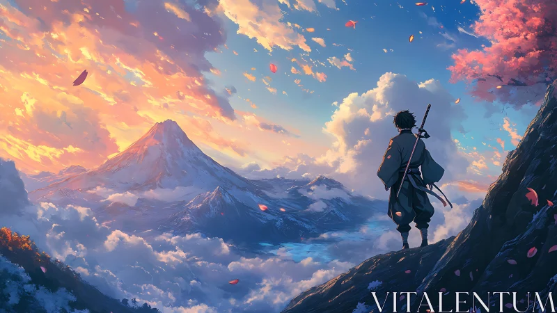 Samurai observer across stratified alpine cloudscape at dusk.