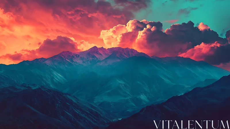 Neon alpine range under fiery cyan and magenta sky.
