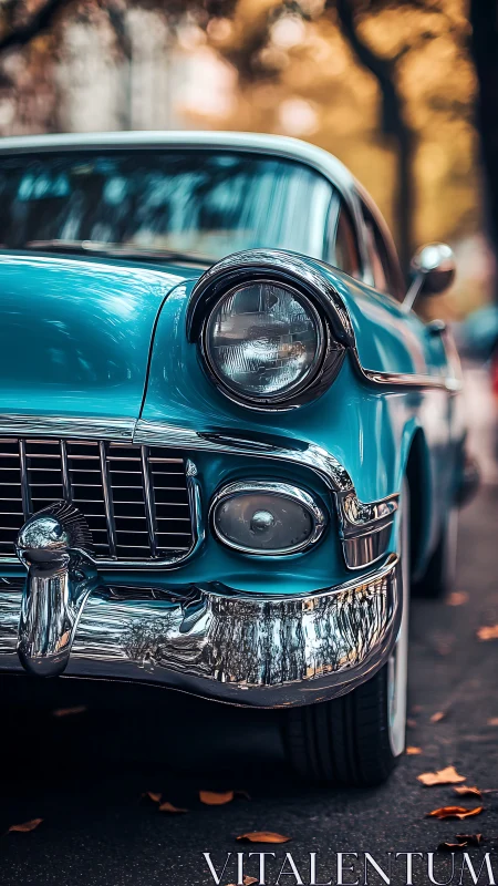 Turquoise classic car close-up with chrome grille and bumper.
