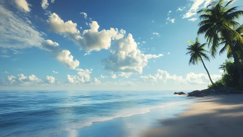 Tropical Beach Landscape with Palm Trees and Ocean