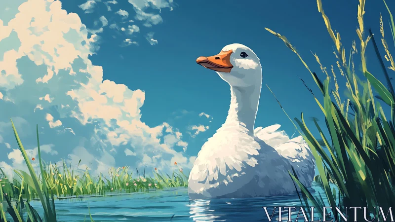 White duck gliding through reeds under vibrant summer sky.