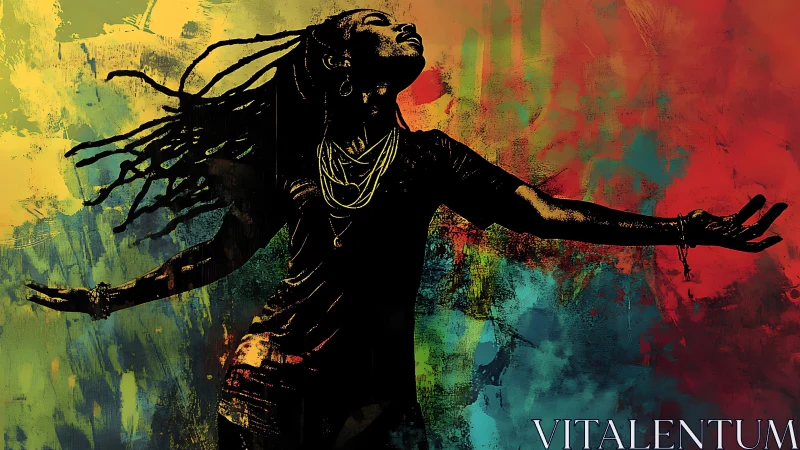 Silhouetted figure with outstretched arms on multicolor field.