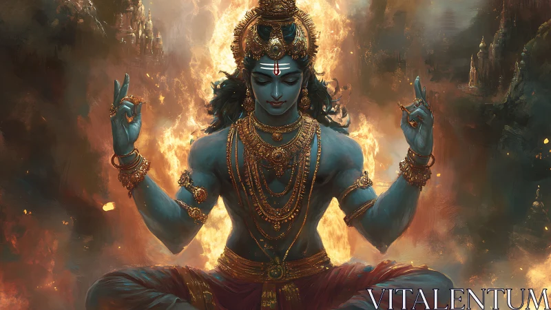 Fire-crowned blue deity in molten stillness of cosmic calm.