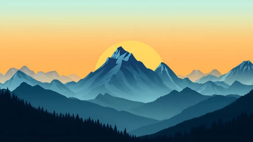 Layered blue mountain range is shown under a rising sun