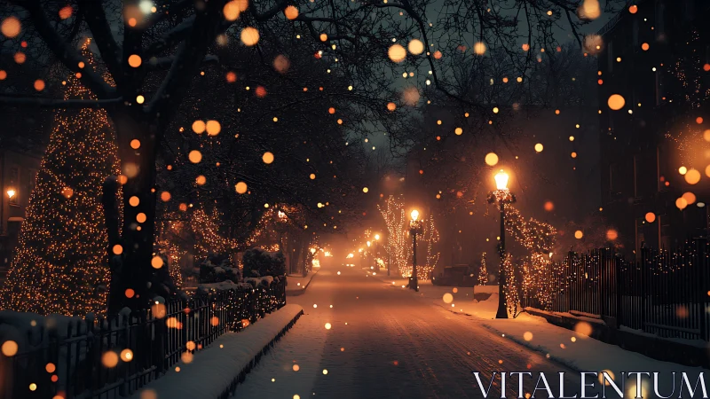 Snowy city street at night with warm holiday lights glow