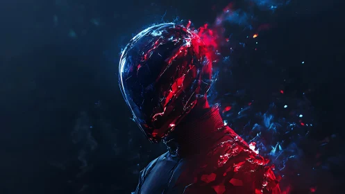 Shattered cybernetic figure with glowing red and blue energy.